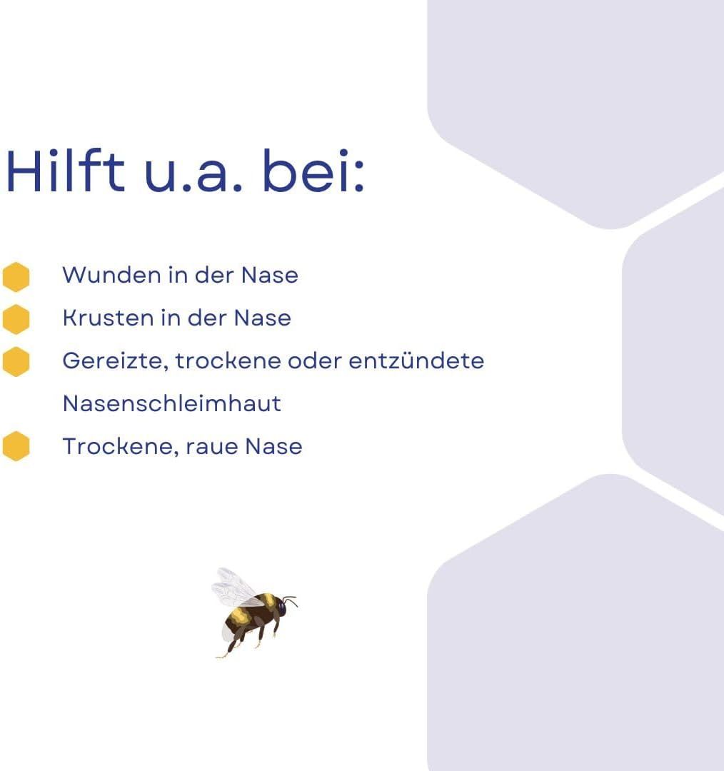 Testo: Aiuta, tra l'altro, in caso di: Ferite, crosticine, mucosa nasale irritata/secca/infiammata, naso secco e ruvido. Ape.