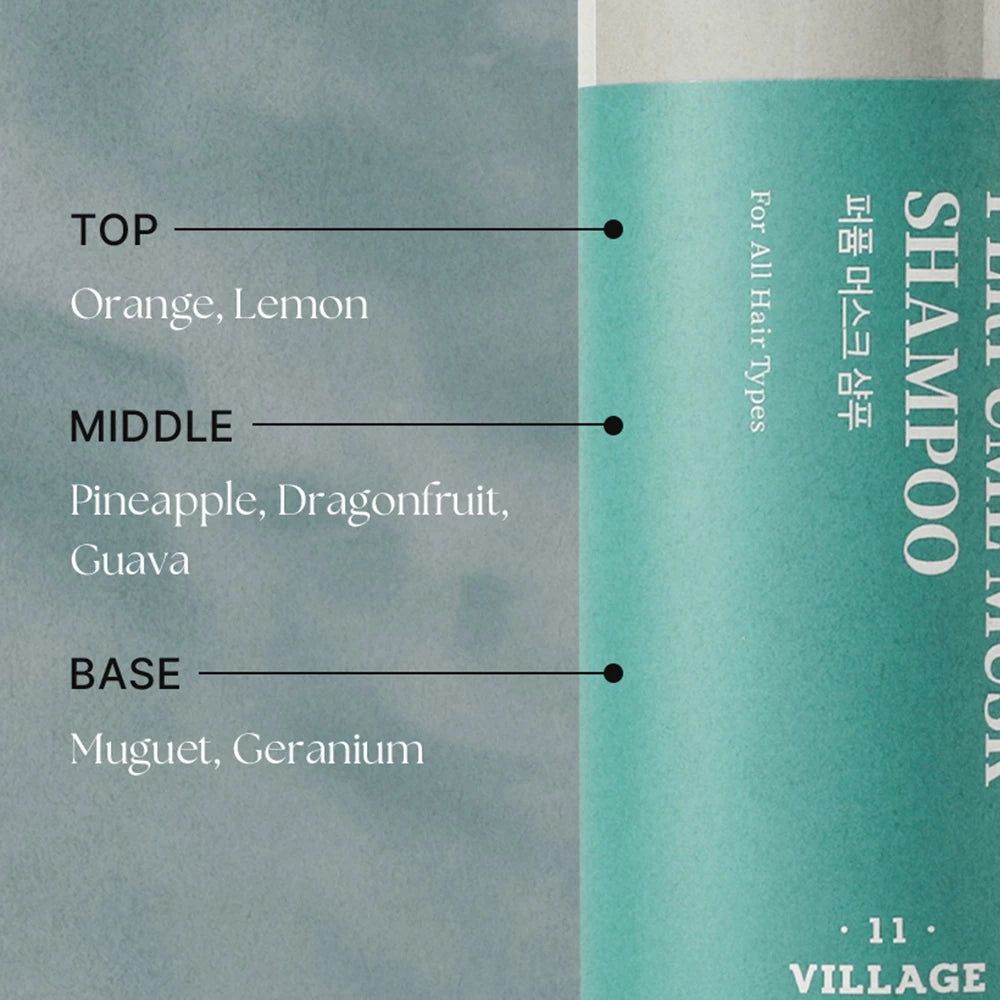Primo piano dell'etichetta dello shampoo. Contiene testo sulle note di profumo: arancia, limone, ananas, frutto del drago, guava, mughetto, geranio.