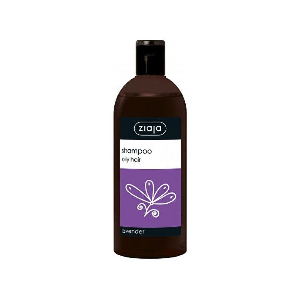 Shampoo Ziaja Lavanda per capelli grassi. Flacone marrone con tappo nero ed etichetta viola con motivo lavanda.