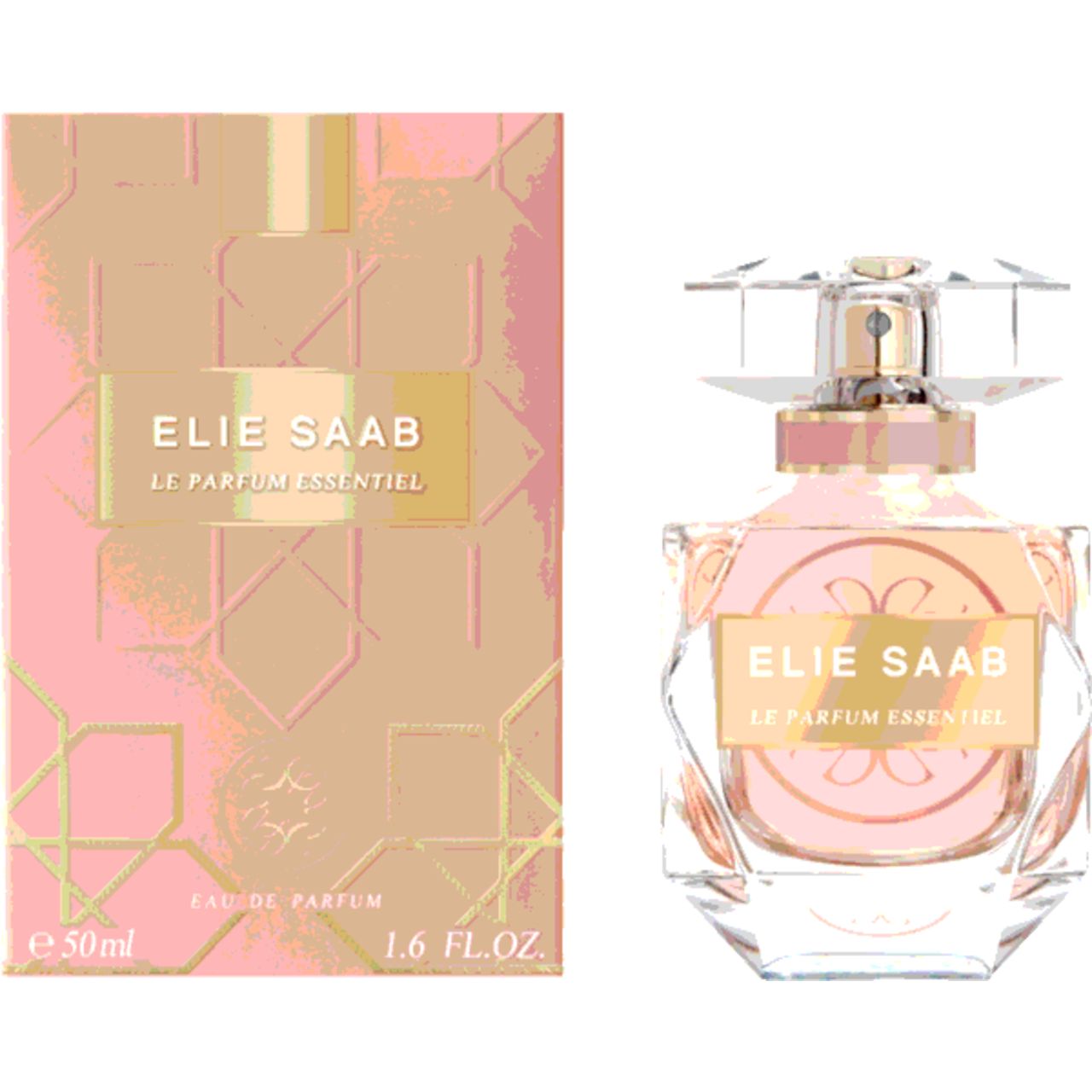 Flacone di profumo e confezione. Scritta: ELIE SAAB, LE PARFUM ESSENTIEL. Confezione rosa con motivi geometrici dorati. Flacone accanto.