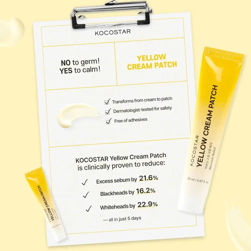 KOCOSTAR Yellow Cream Patch, tubi gialli e blocco note. Testo: NO to germ! YES to calm! Clinicamente provato. Riduce i punti neri.