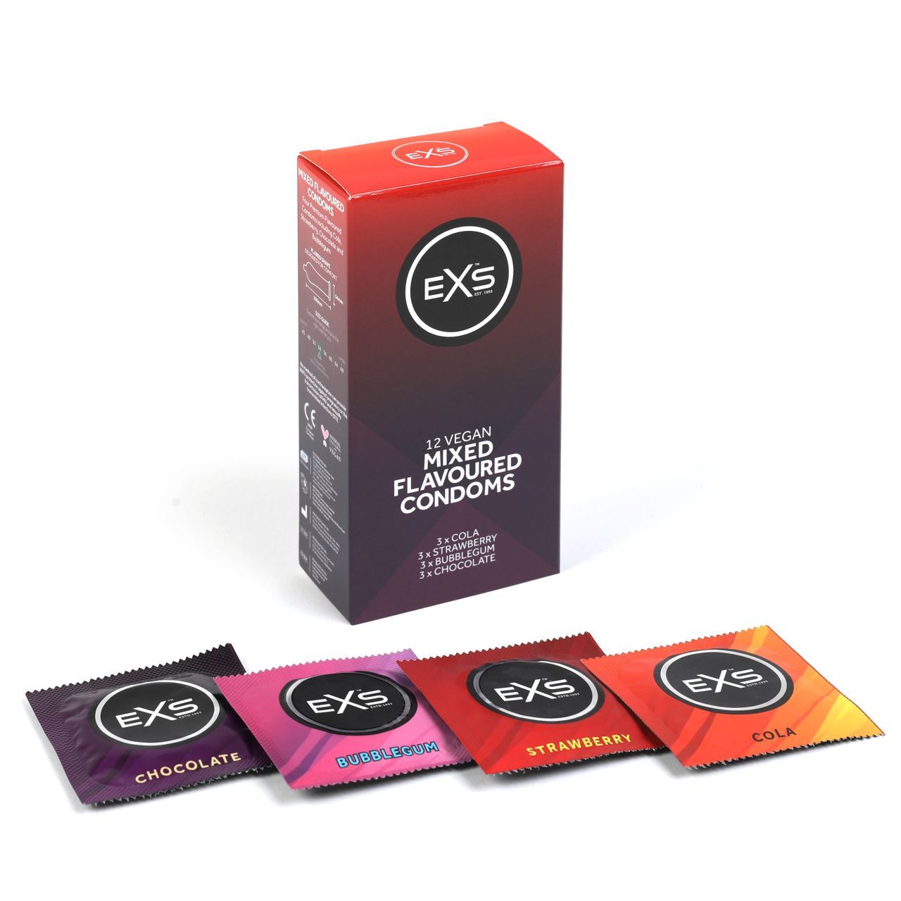 EXS 12 preservativi vegani ai gusti misti: cioccolato, bubblegum, fragola, cola.