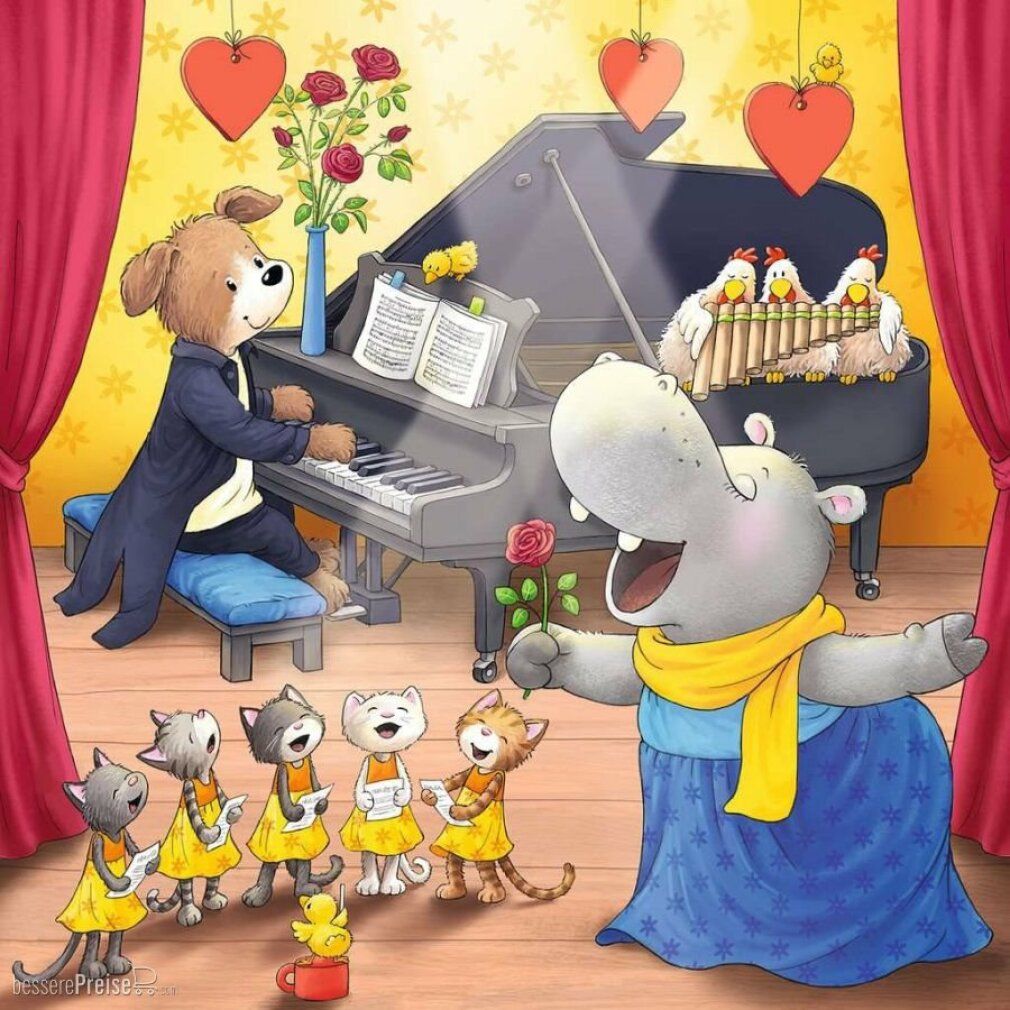 Motivo puzzle: elefante, giraffa, orso, volpe e leone suonano strumenti. Sfondo: stelle, palco blu.