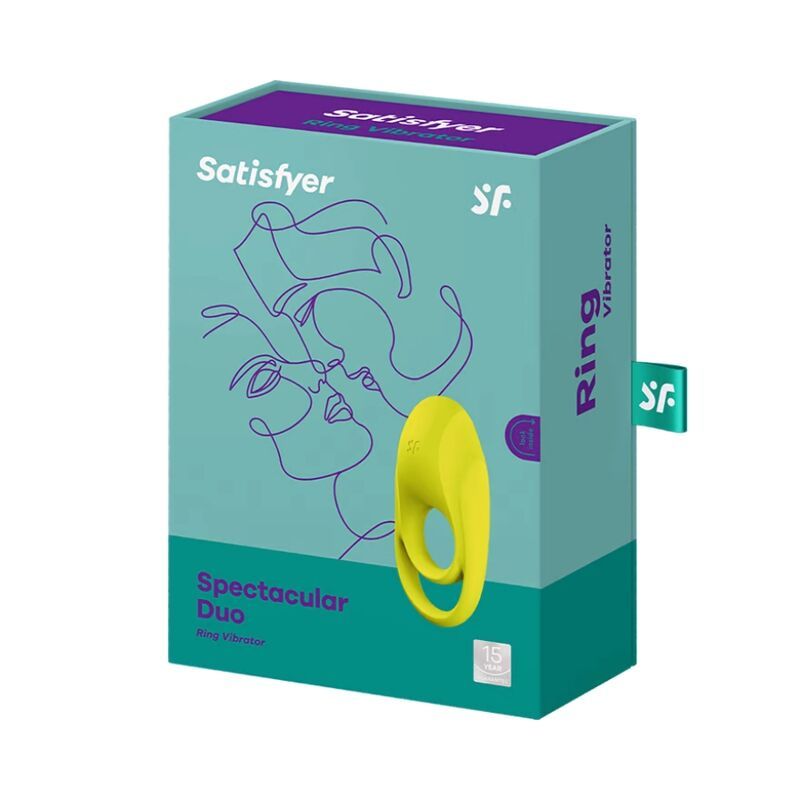 Confezione Satisfyer. Prodotto: Spectacular Duo Ring Vibrator. Illustrazione di volti. Design verde-turchese.