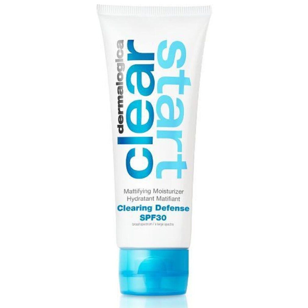 Tubo bianco con tappo blu. Scritta: Dermalogica Clear Start, Clearing Defense SPF30. Idratante Mattificante.