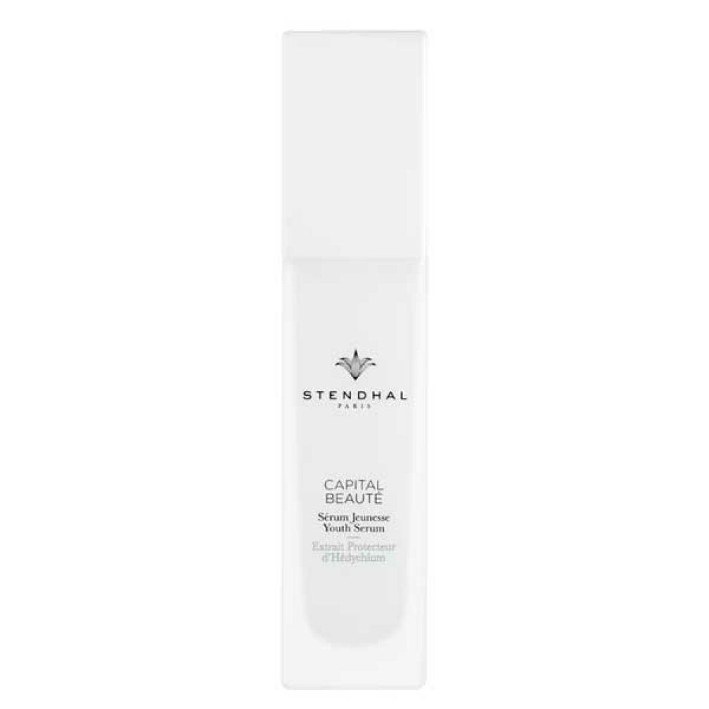 Flacone di siero bianco con Stendhal Paris, Capital Beaute, Serum Jeunesse. Forma rettangolare, tappo bianco.