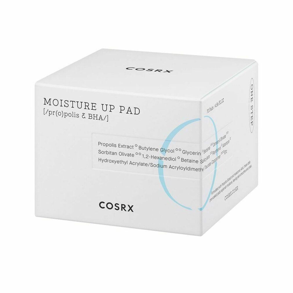 Confezione prodotto bianca con 'MOISTURE UP PAD' e elenco ingredienti. COSRX.