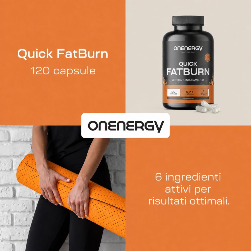 Barattolo Onenergy Quick FatBurn, 120 capsule. 6 ingredienti attivi per risultati ottimali.