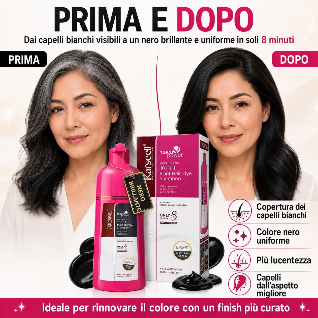 KARSEELL Shampoo Colorante Nero Naturale Copertura Capelli Bianchi Istantanea Cheratina
