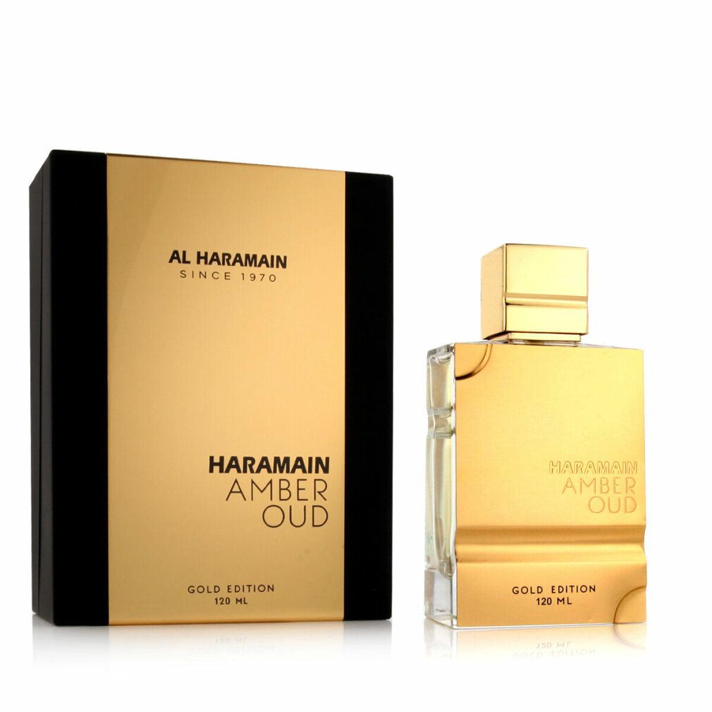 Flacone e confezione di profumo dorati. Scritta: Al Haramain, Amber Oud Gold Edition, 120 ml.