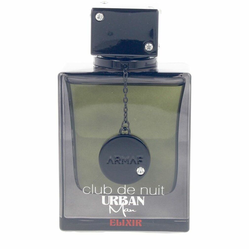 Flacone nero con tappo quadrato. Scritta: Club de Nuit Urban Man Elixir. Ciondolo con catena.