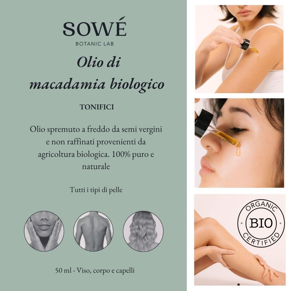 Pannello pubblicitario con "SOWÉ" e "Olio di macadamia biologico". Immagini d'uso e marchio bio.