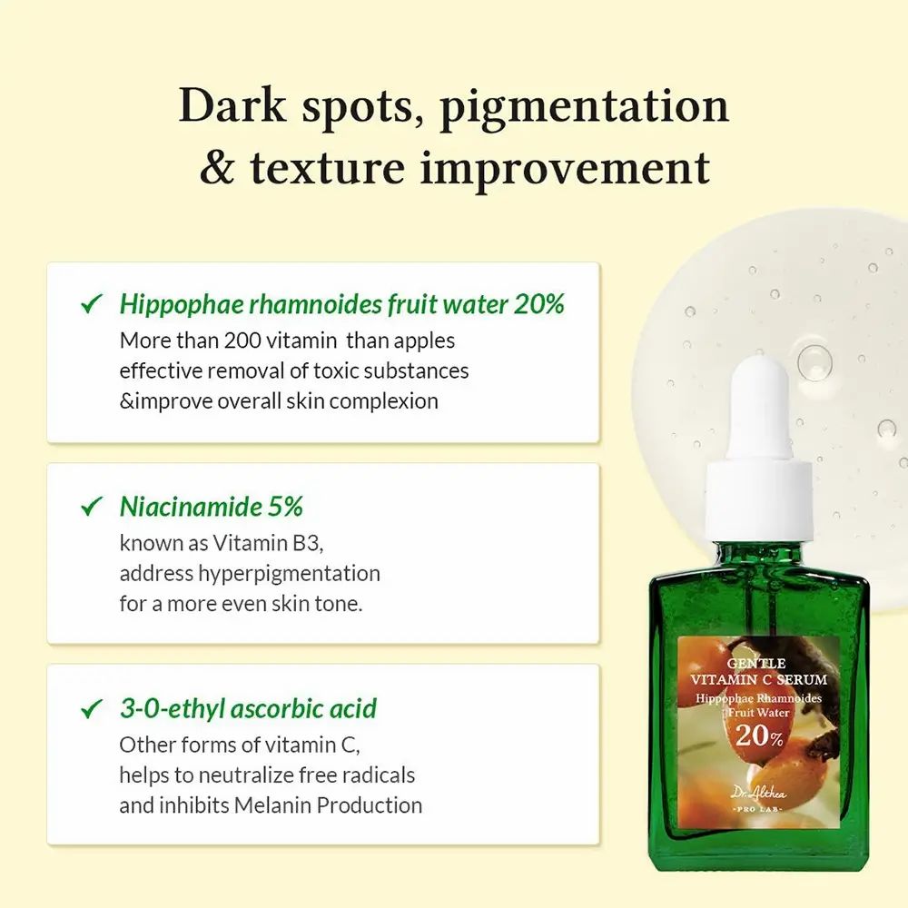 Testo con ingredienti del siero. Flacone verde con contagocce. Scritta: Gentle Vitamin C Serum. Sfondo: goccia.