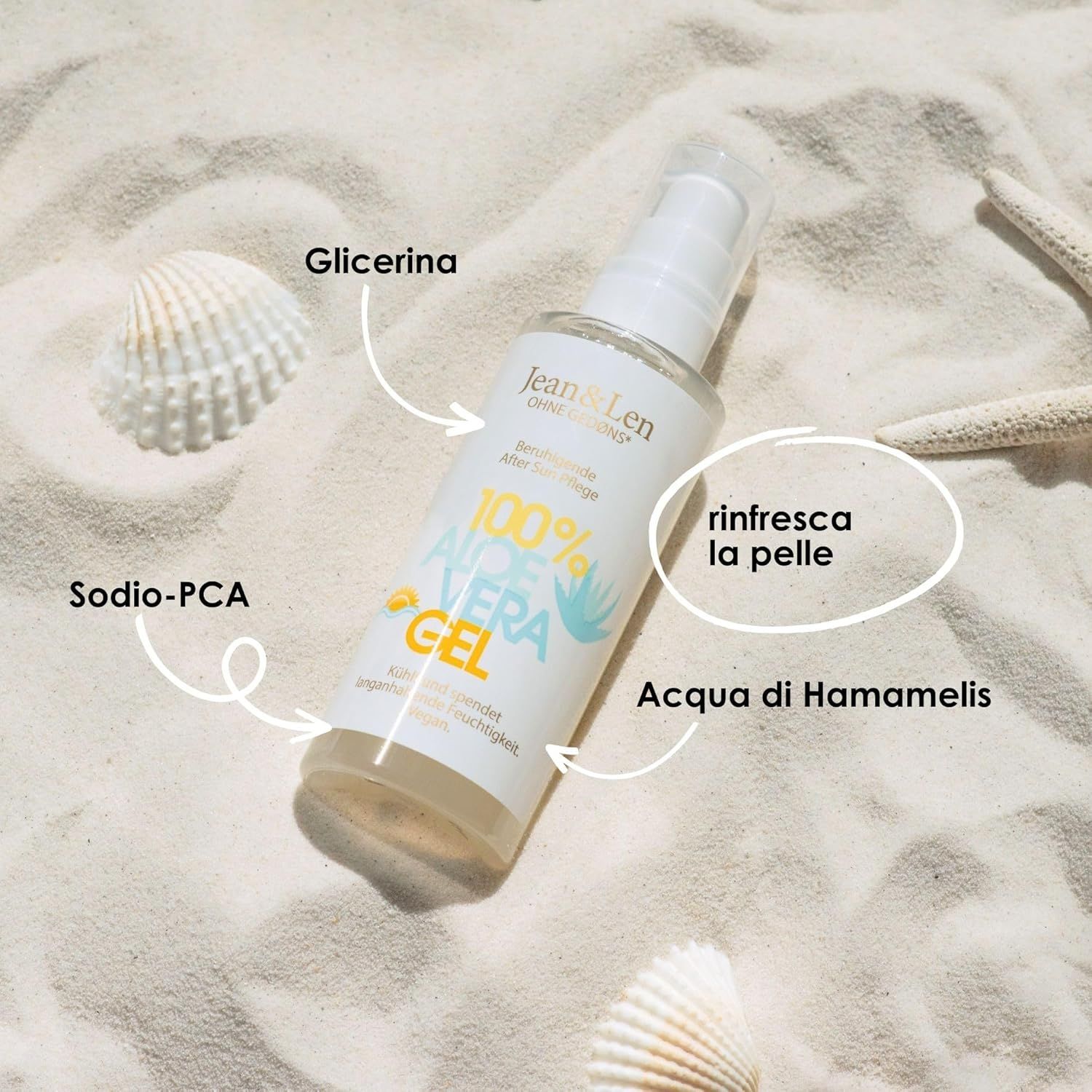 Jean & Len 100% Aloe Vera Gel. Flacone su sabbia. Testo: rinfresca la pelle, acqua di Hamamelis, Sodio-PCA, glicerina.