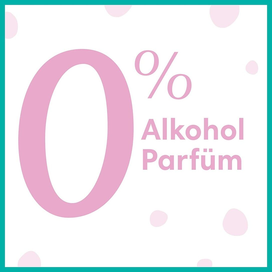 Testo: 0% Alcool Profumo. Sfondo: bianco con punti rosa. Cornice: turchese.