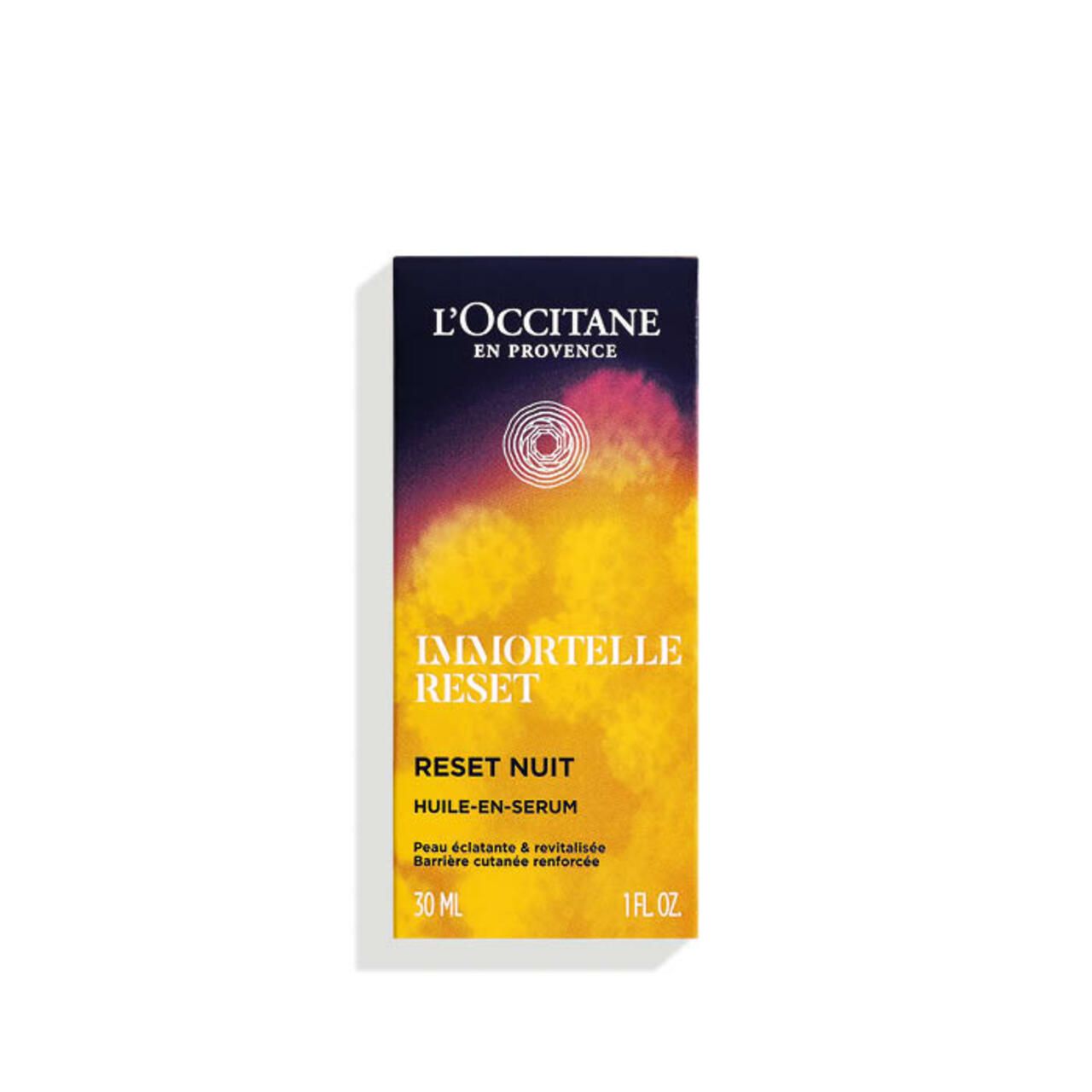 Confezione in cartone con scritta: L'Occitane, Immortelle Reset Nuit Huile-en-Siero.