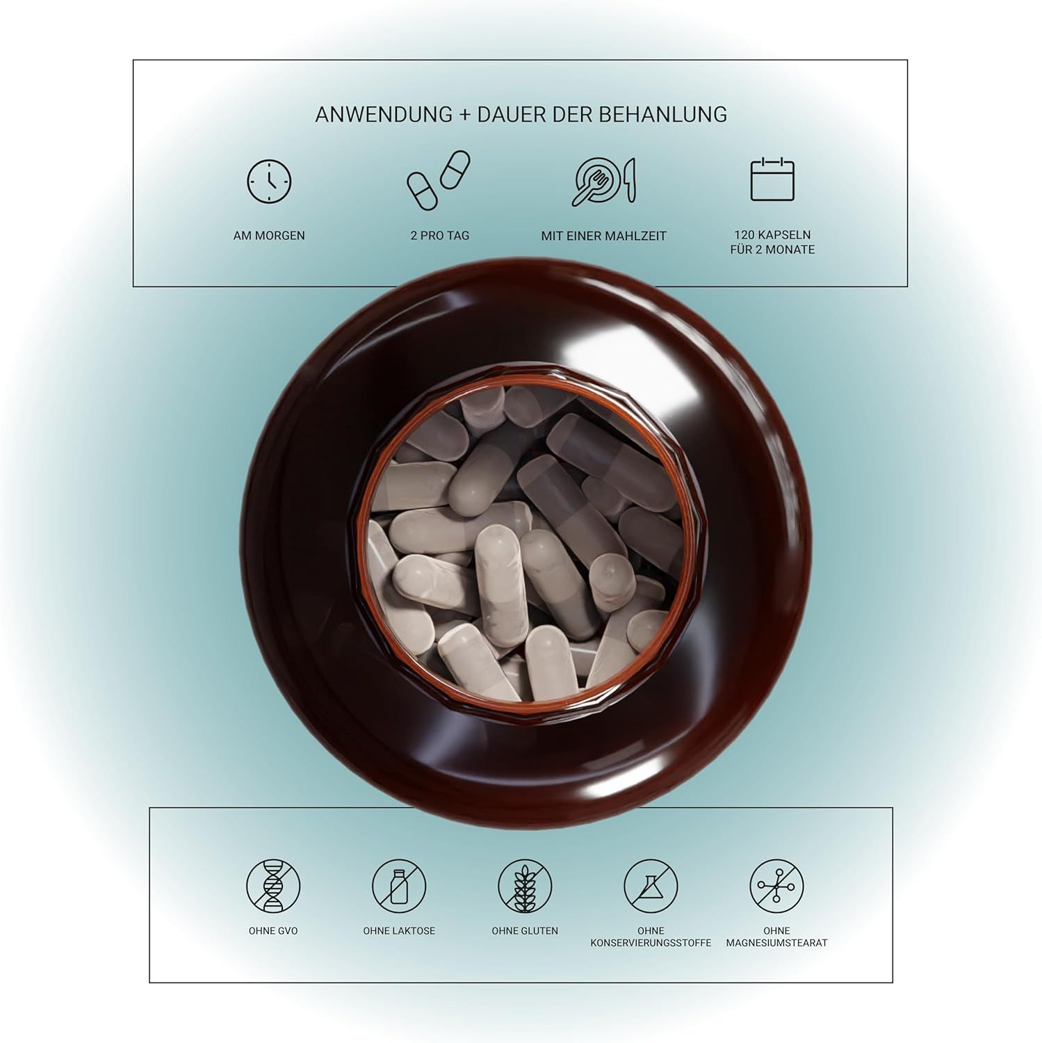 Vista dall'alto di un flacone marrone con capsule. Uso: Mattina, 2 al giorno, con pasto, 120 capsule per 2 mesi. Senza additivi.