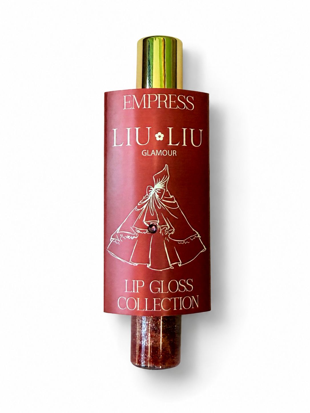 Confezione di lucidalabbra con custodia rossa. Scritta: EMPRESS LIU LIU Glamour. Tappo dorato e contenuto glitterato.