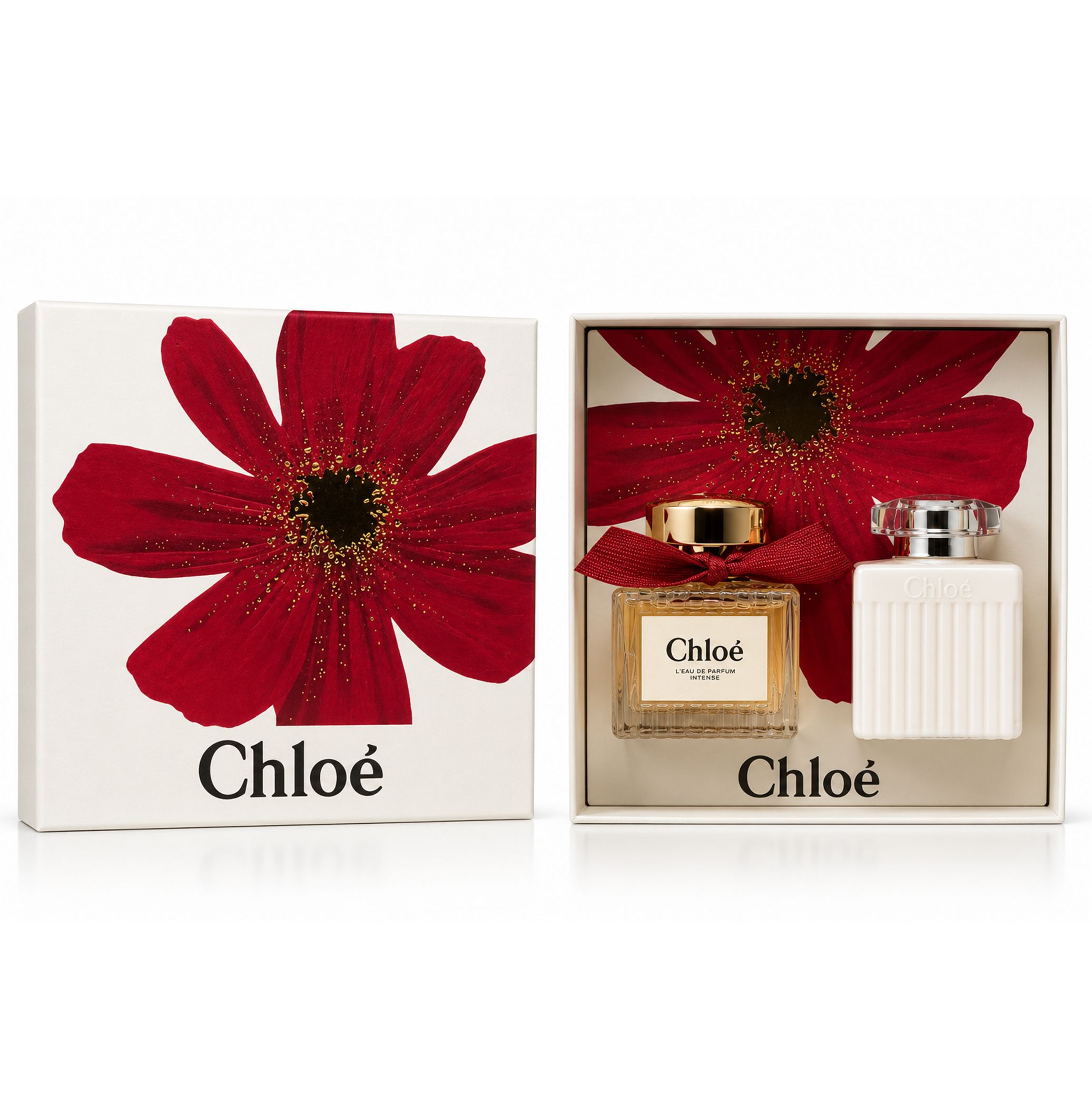 Confezione regalo Chloé con due flaconi di profumo e un fiore rosso sulla scatola.