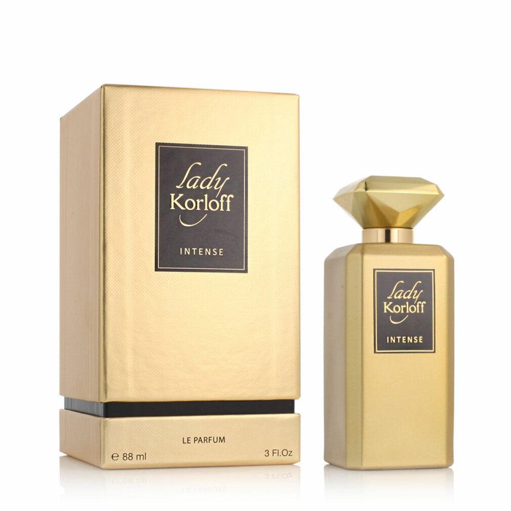 Flacone e scatola dorati. Scritta: Lady Korloff Intense. Flacone con tappo a diamante. Scatola con etichetta nera.