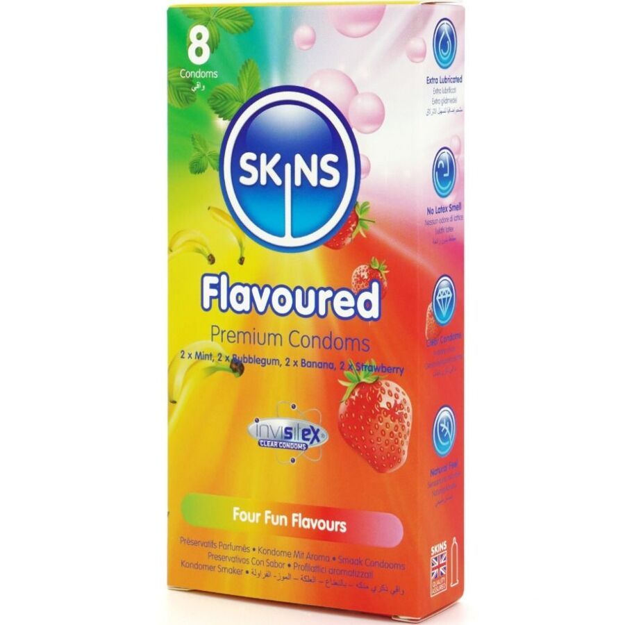 Confezione da 8 preservativi SKINS Flavoured. Gusti: fragola, banana, menta, gomma da masticare. Scritta: Four Fun Flavours.