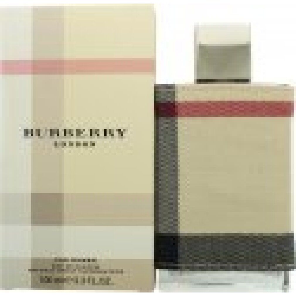 Burberry London Eau de Parfum Spray con confezione. Flacone e scatola con motivo a quadri. Testo: Burberry London.