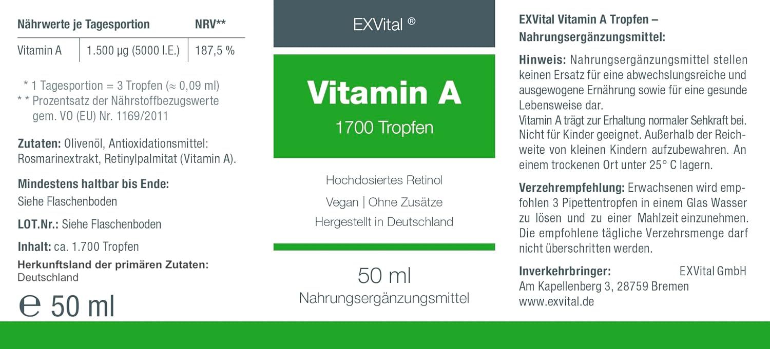 Bottiglia e confezione delle gocce di vitamina A EXVital, 50 ml.