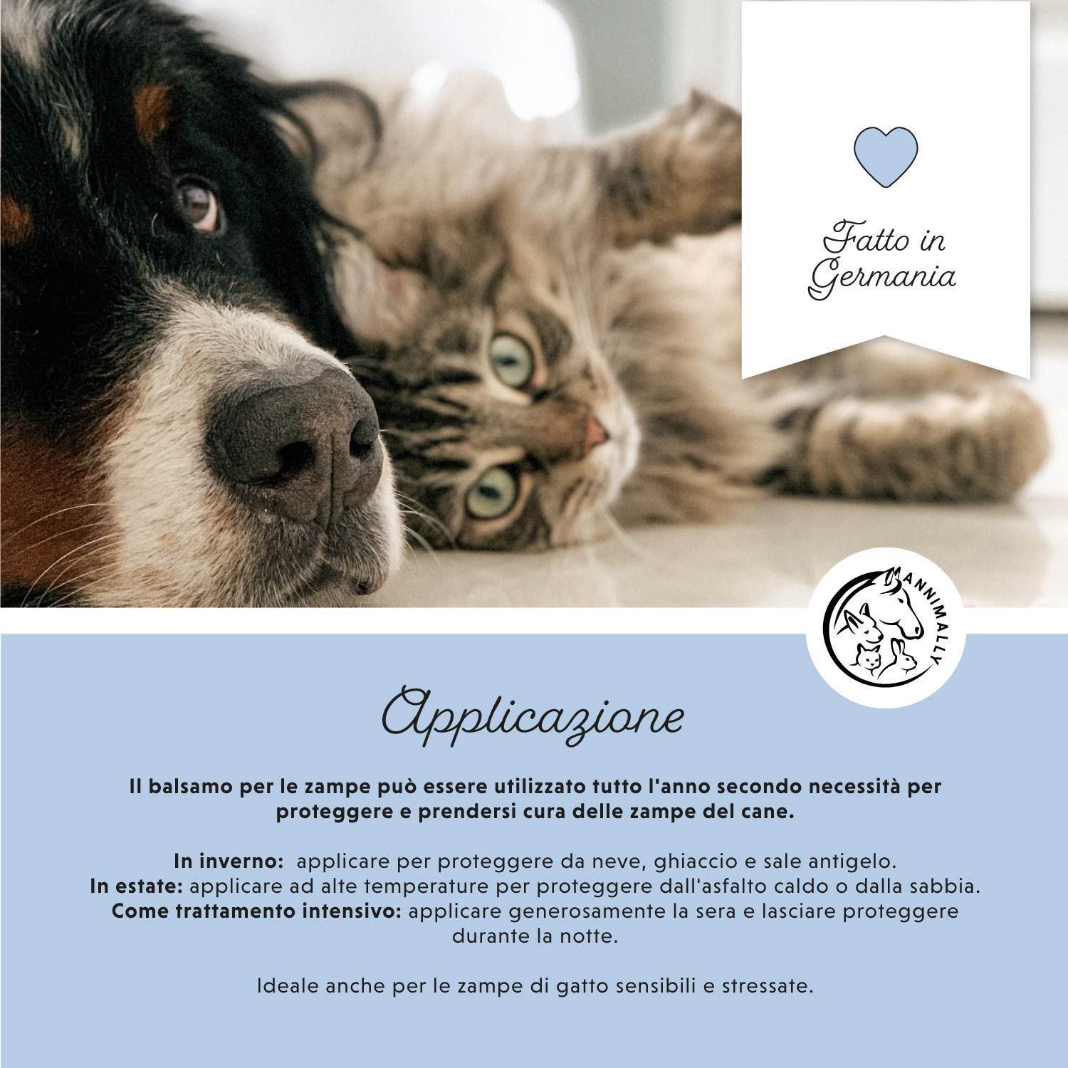 Cane e gatto. Cuore con testo: Fatto in Germania. Logo con cane, gatto. Testo sull'uso del balsamo, anche per i gatti.