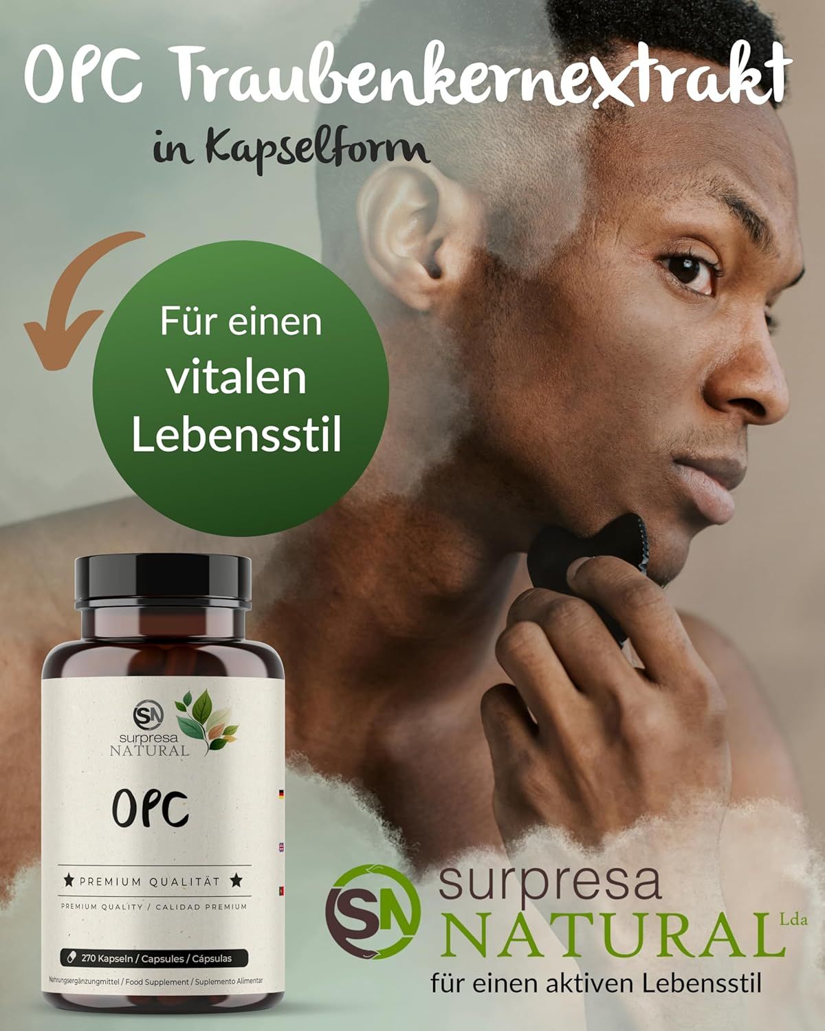 Uomo tiene un oggetto, accanto a un flacone 'OPC'. Testo: 'OPC Traubenkernextrakt in Kapselform'.