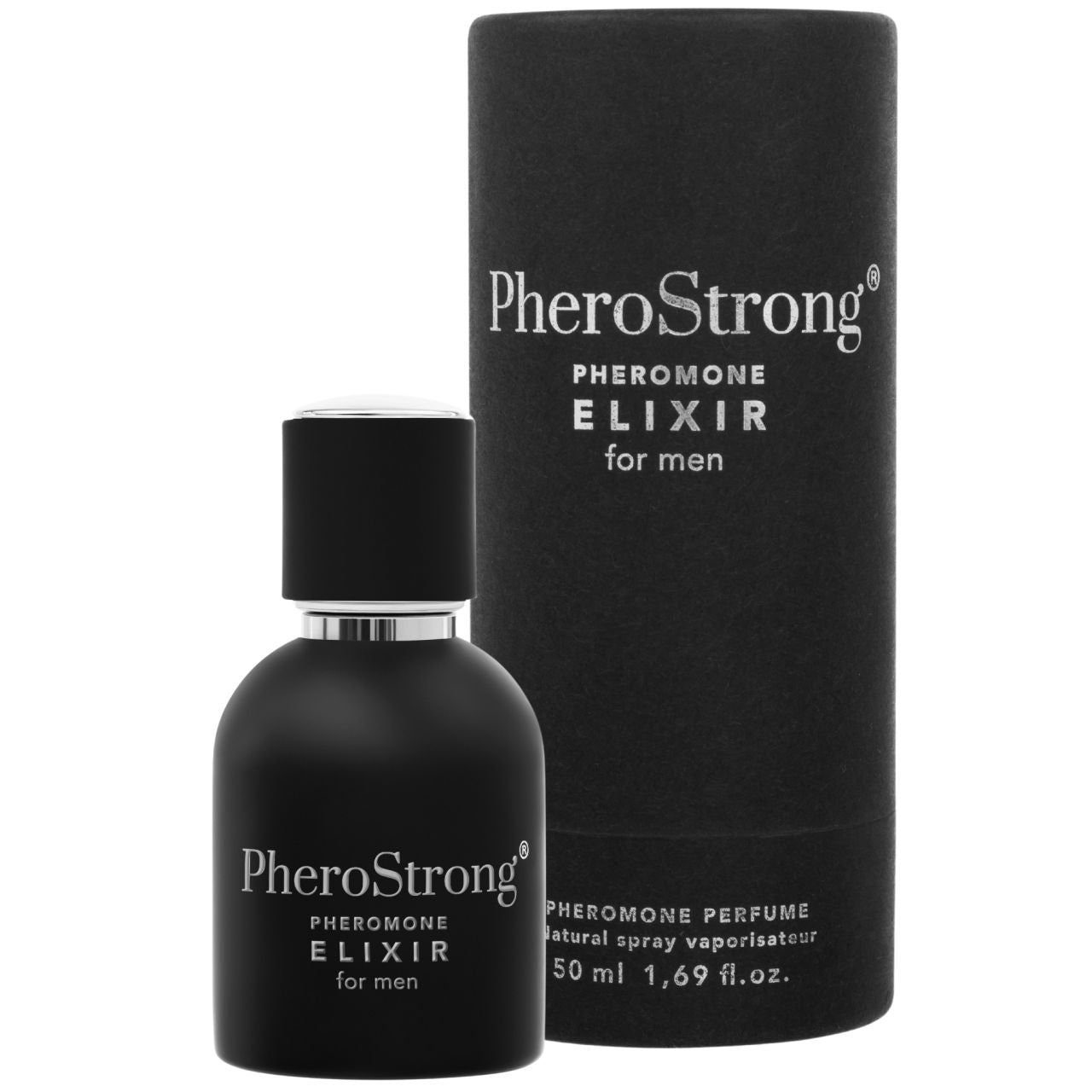 Flacone nero e confezione. Scritta: PheroStrong Pheromone Elixir for men. 50 ml.