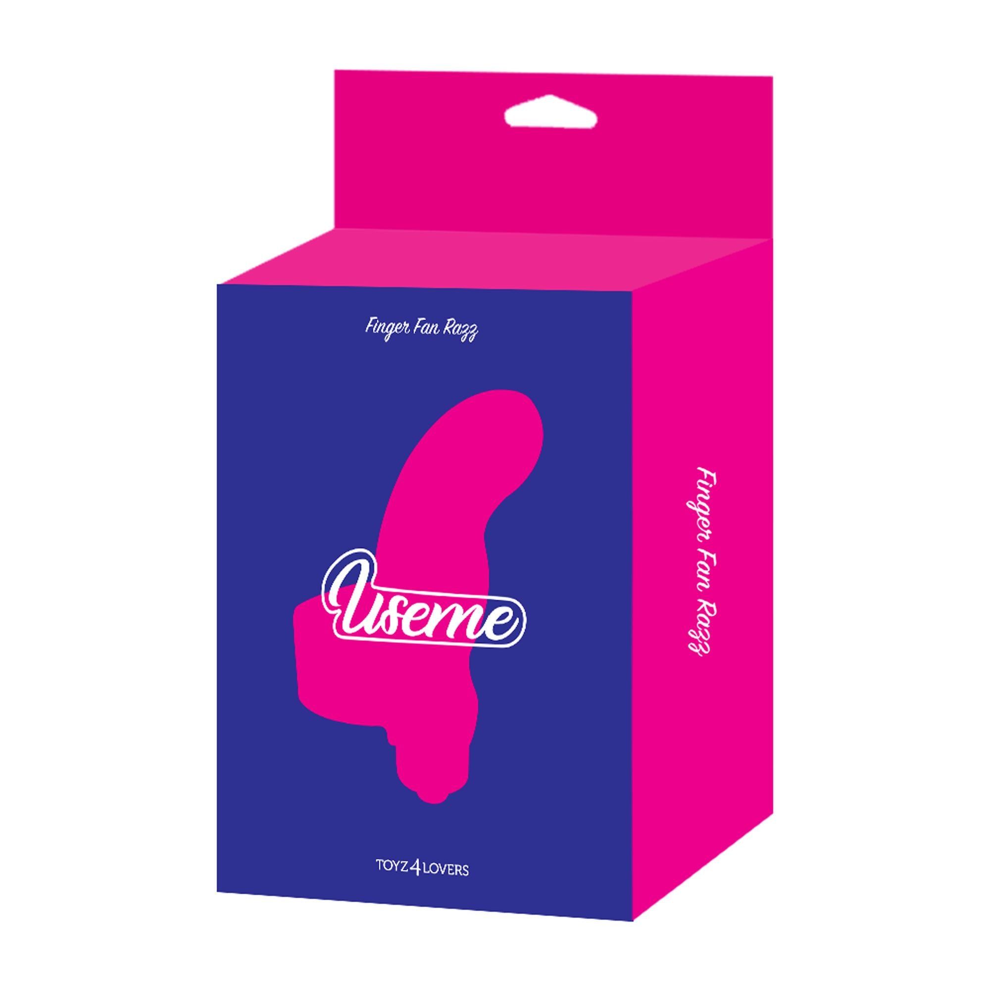 Confezione per vibratore a dito. Schema colori blu-rosa. Nome del prodotto e logo visibili.