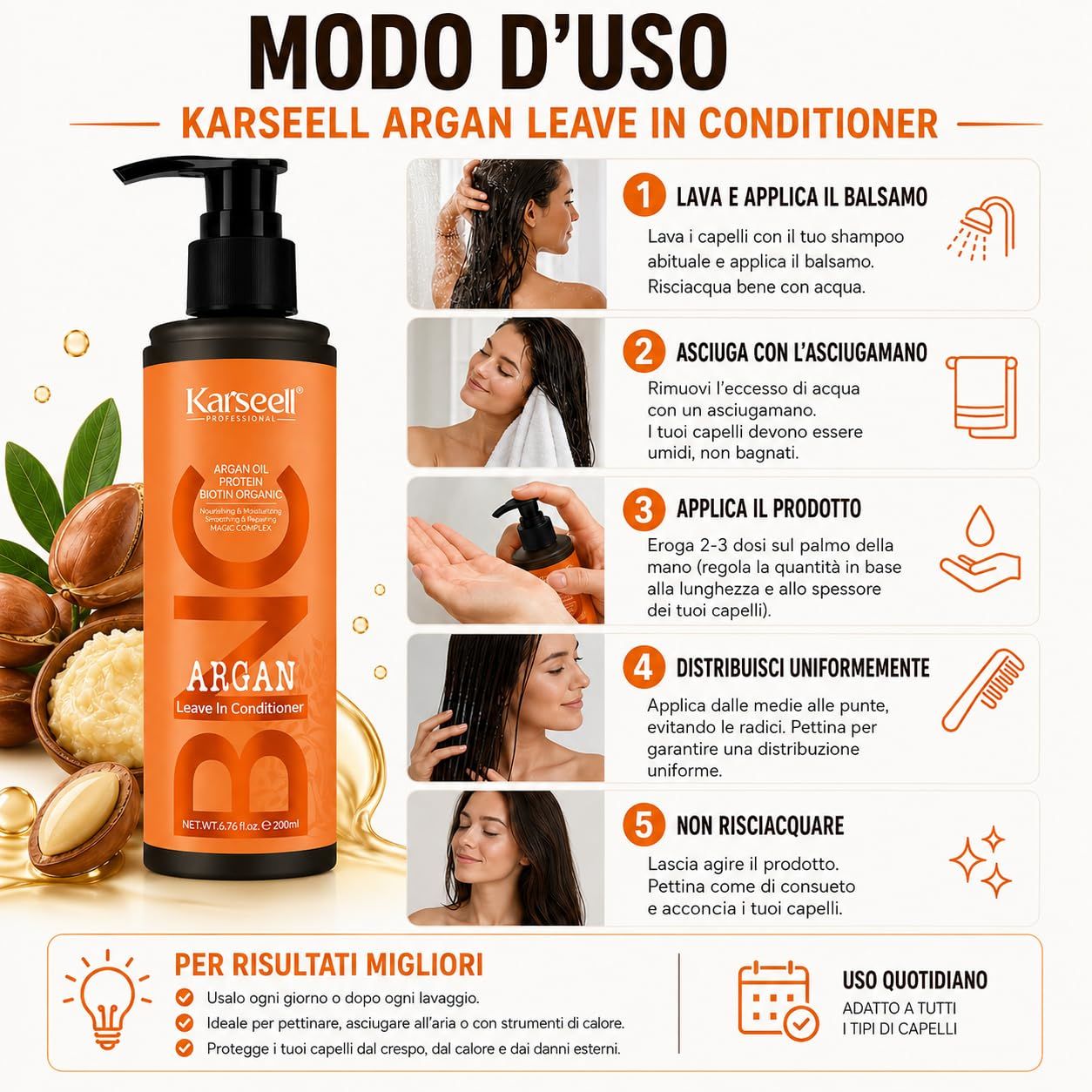 Flacone Karseell Argan Leave-In Conditioner con pompa, 200ml. Frutti e olio di argan accanto.