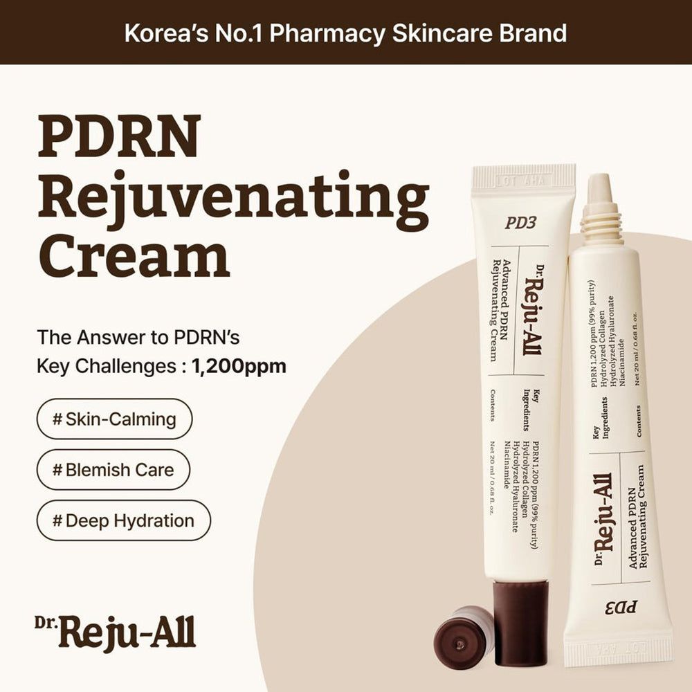 Due tubi di crema rivitalizzante Dr. Reju-All Advanced PDRN, uno aperto. Testo: "Korea's No.1 Pharmacy Skincare Brand".