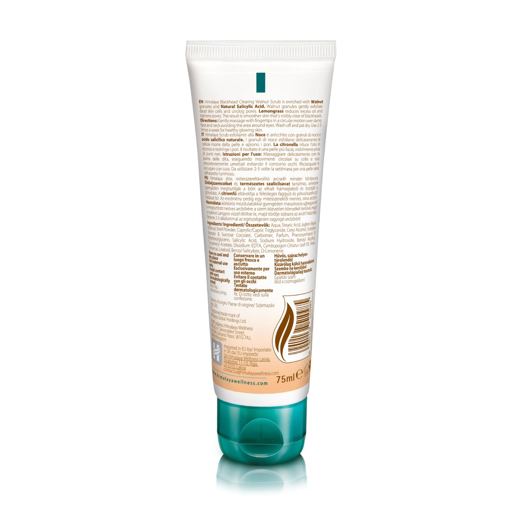 Gel detergente Himalaya alle noci per punti neri, tubo da 75ml. Retro con dettagli su uso e ingredienti.