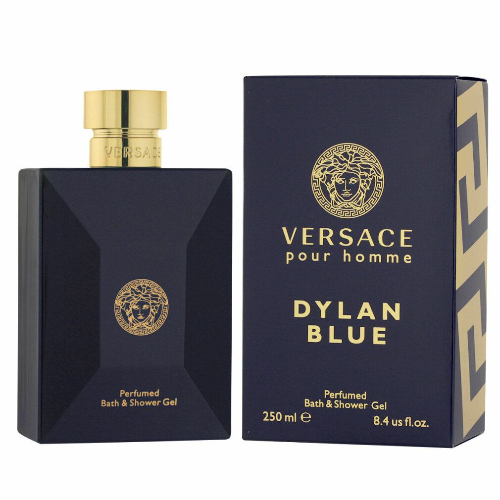 Flacone e confezione blu scuro. Logo e scritta dorati. 'Versace Pour Homme Dylan Blue' e 'Perfumed Bath & Shower Gel'.