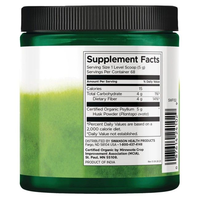 Contenitore verde di integratore con etichetta bianca. Informazioni nutrizionali e ingredienti. Prodotto biologico certificato.