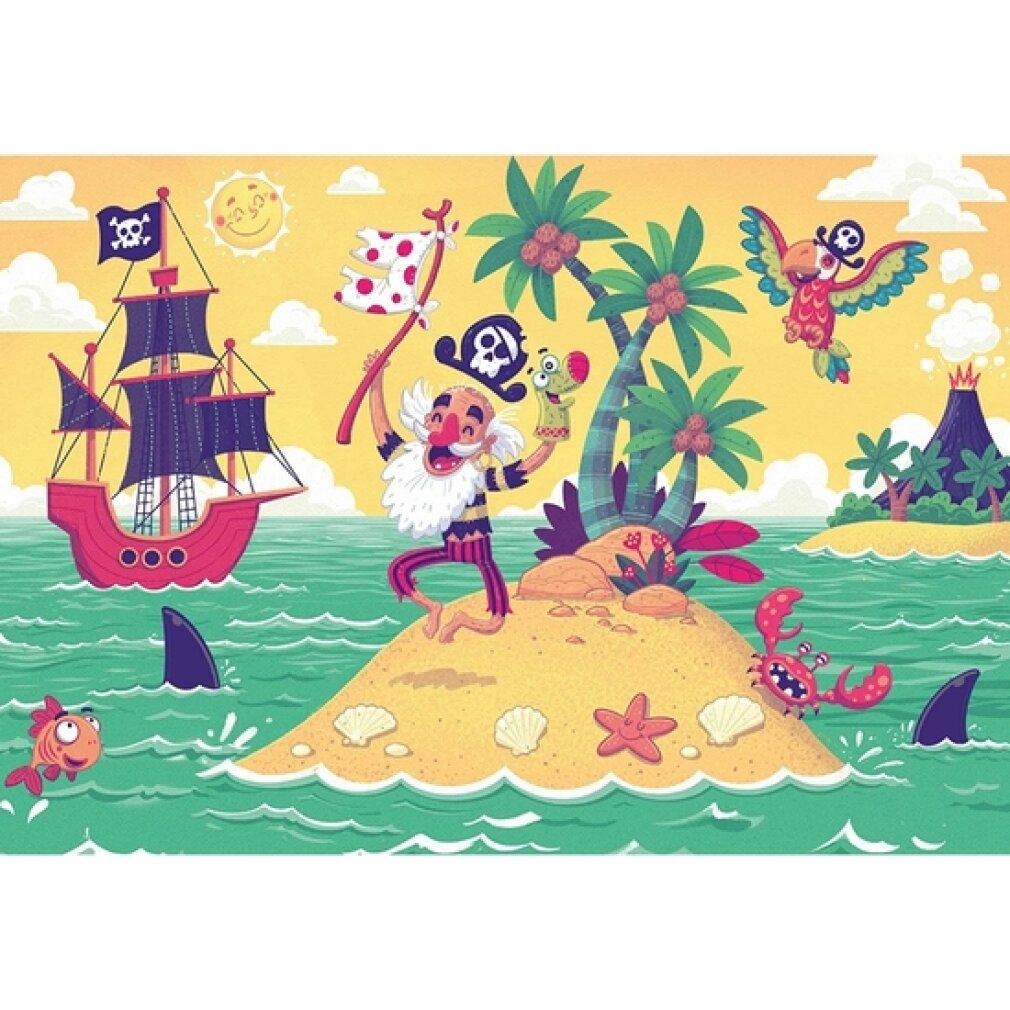 Motivo del puzzle: isola dei pirati con pirati, nave, pappagallo, squali, vulcano. Sole, palme, mare. Illustrazione colorata.