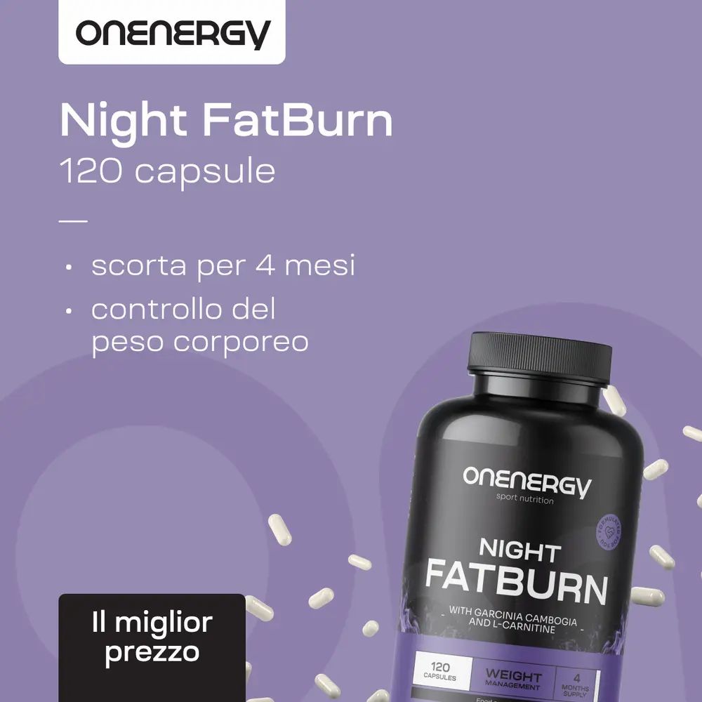 Flacone e capsule. Testo: Night FatBurn, 120 capsule, scorta per 4 mesi, controllo del peso. Il miglior prezzo.