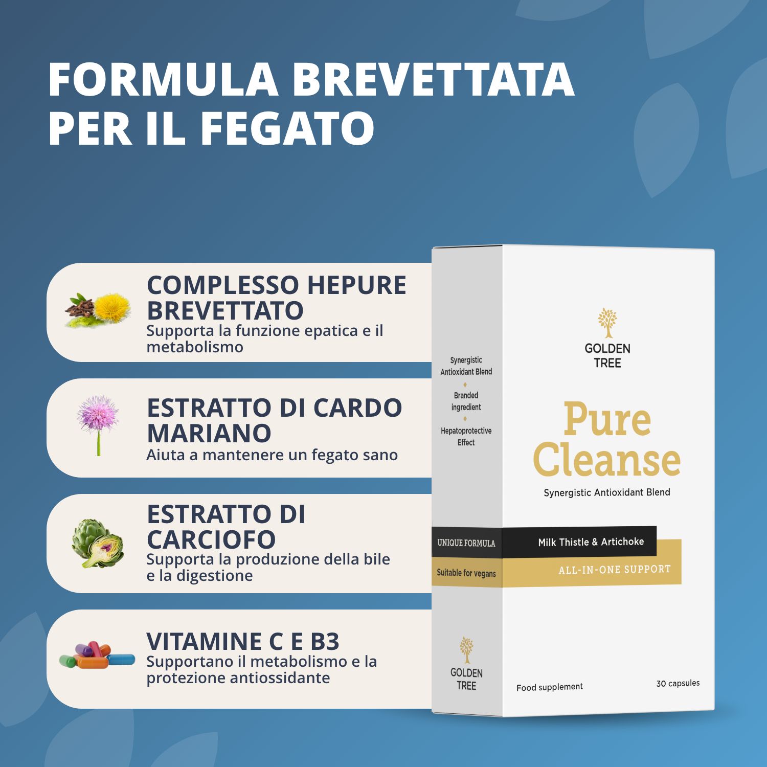 Confezione Golden Tree Pure Cleanse con informazioni sugli ingredienti.