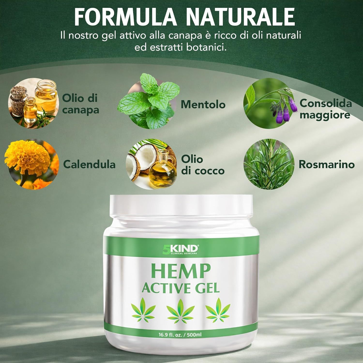 Vasetto con GEL ACTIVO DI CANAPA. Simbolo foglie di canapa. 16.9 fl. oz. / 500ml. Icone: Calendula, Olio di canapa, ecc.