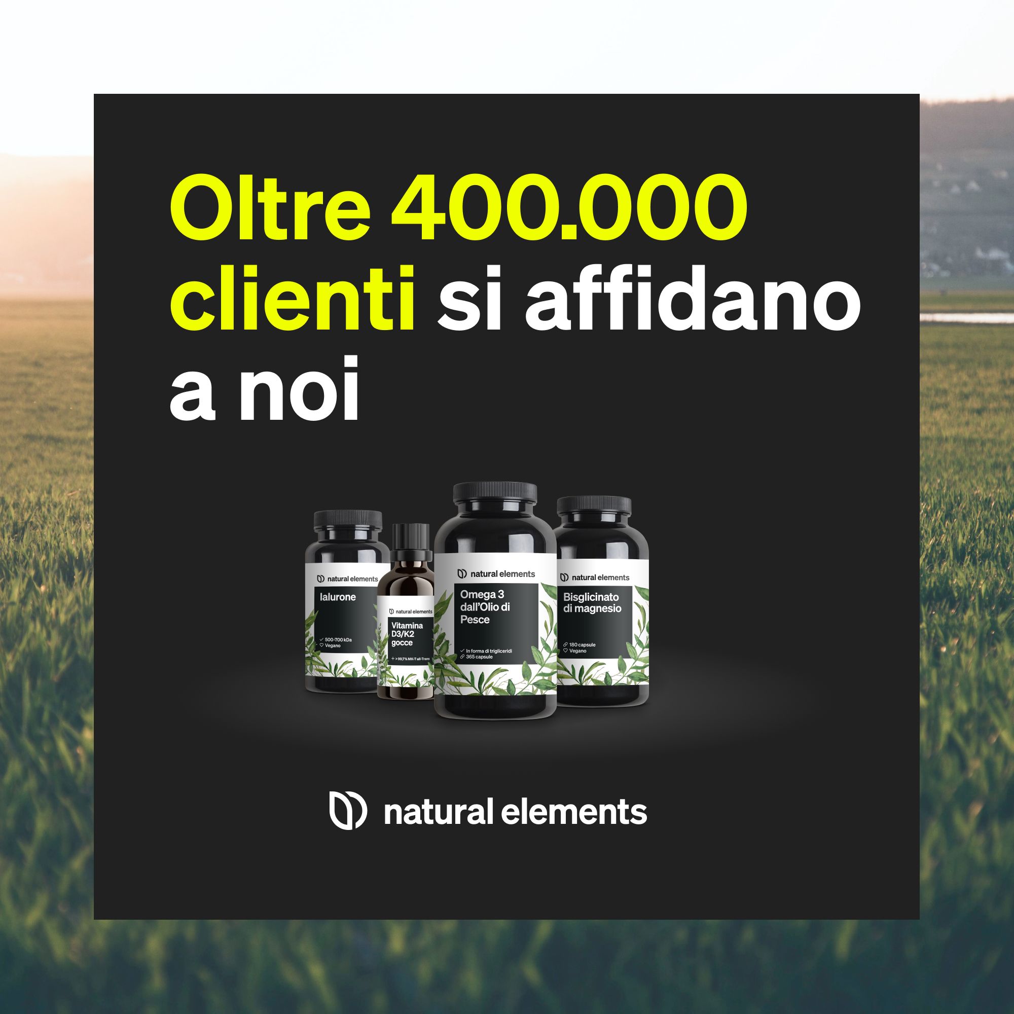 Flaconi di integratori alimentari Natural Elements, tra cui complesso di vitamine B, Omega 3 e magnesio.