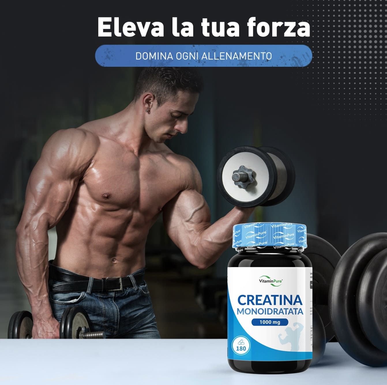 Flacone di Creatina Monoidrata, 1000 mg per porzione, 180 capsule. Uomo con manubri sullo sfondo.