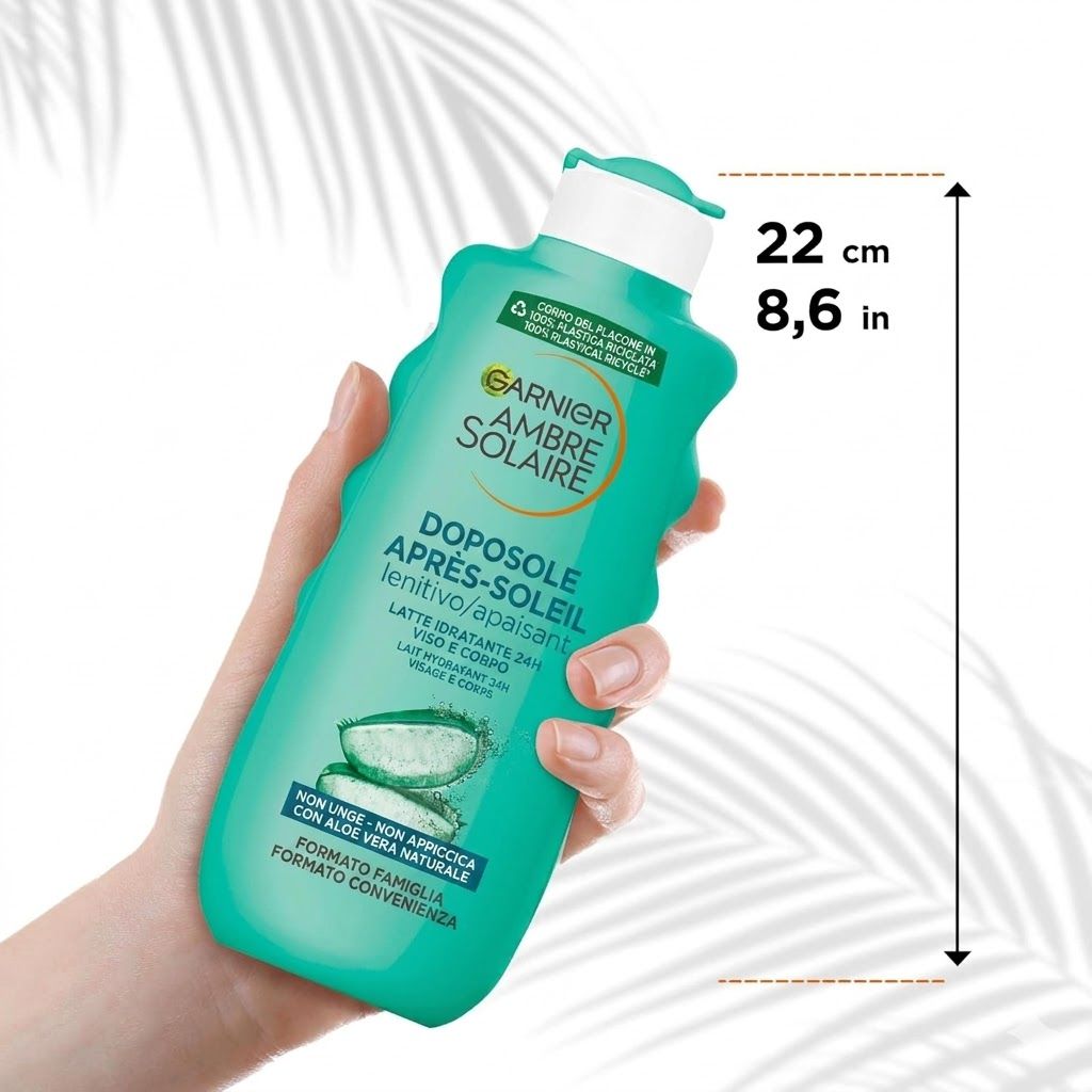 Garnier Ambre Solaire Doposole. Bottiglia verde, alta 22 cm. Testo: Lenitivo, 24h idratazione, non appiccicoso, formato famiglia.