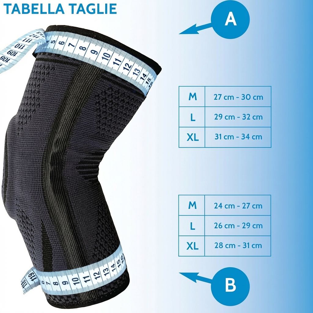 Tutore per gomito nero con metro a nastro. Tabella delle taglie con taglie M, L, XL e intervalli di misurazione in cm. Due tabelle, A e B.