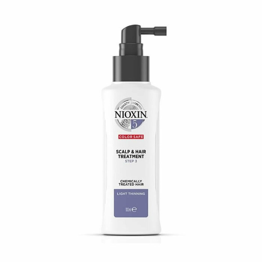 Flacone con erogatore nero. Scritta: Nioxin 5, Scalp & Hair Treatment, Step 3, Capelli trattati chimicamente, Light Thinning.