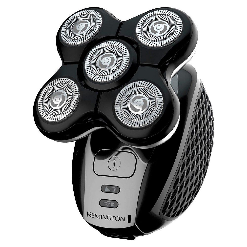 Rasoio nero Remington XR 1500 con cinque testine rotanti, accenti argentati e impugnatura testurizzata.