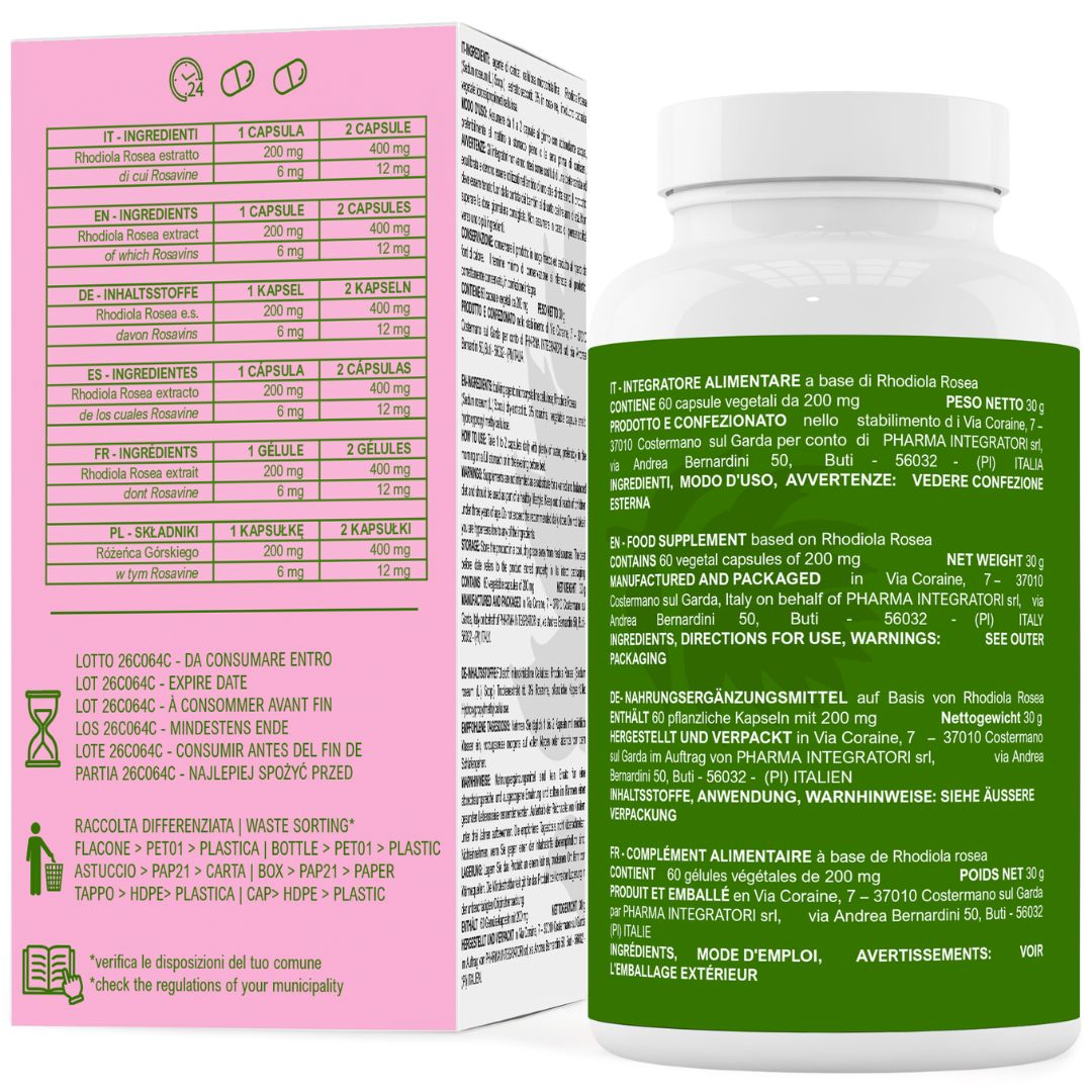 Integratore alimentare in capsule. Flacone bianco, etichetta verde. Confezione rosa con testo e informazioni.