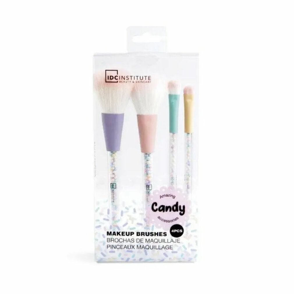 Confezione di quattro pennelli per trucco. Confezione trasparente con pennelli pastello. Scritta: IDCI, Candy, Makeup Brushes.
