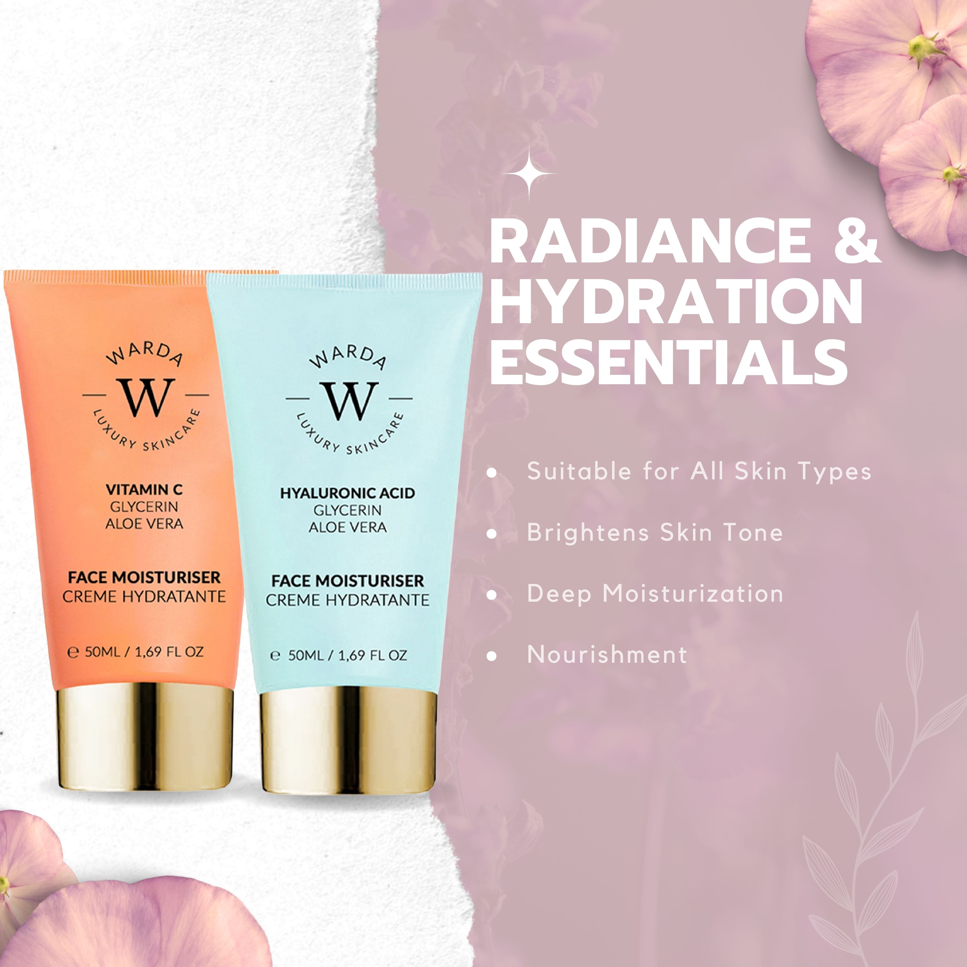 Due tubi di crema giorno Warda su sfondo floreale. Tubo arancione: Vitamina C. Tubo blu: Acido Ialuronico.