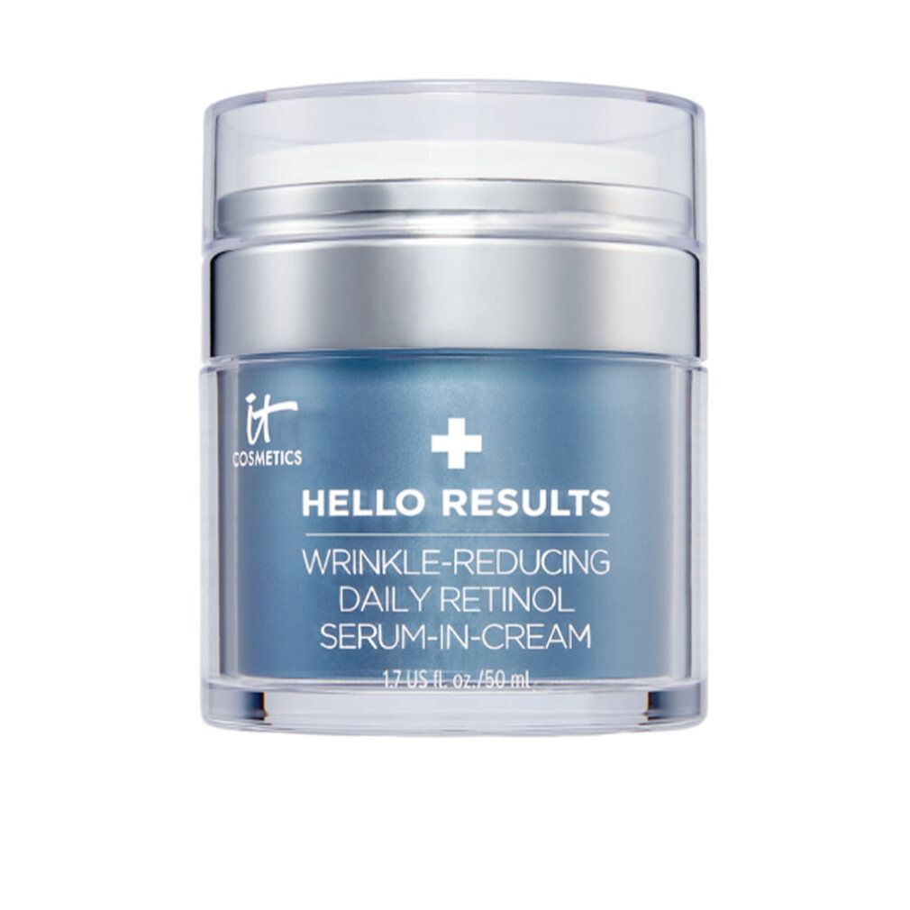 Vasetto blu-argento con coperchio. Scritta: Hello Results, Daily Retinol Serum-In-Cream. Marchio: IT Cosmetics.